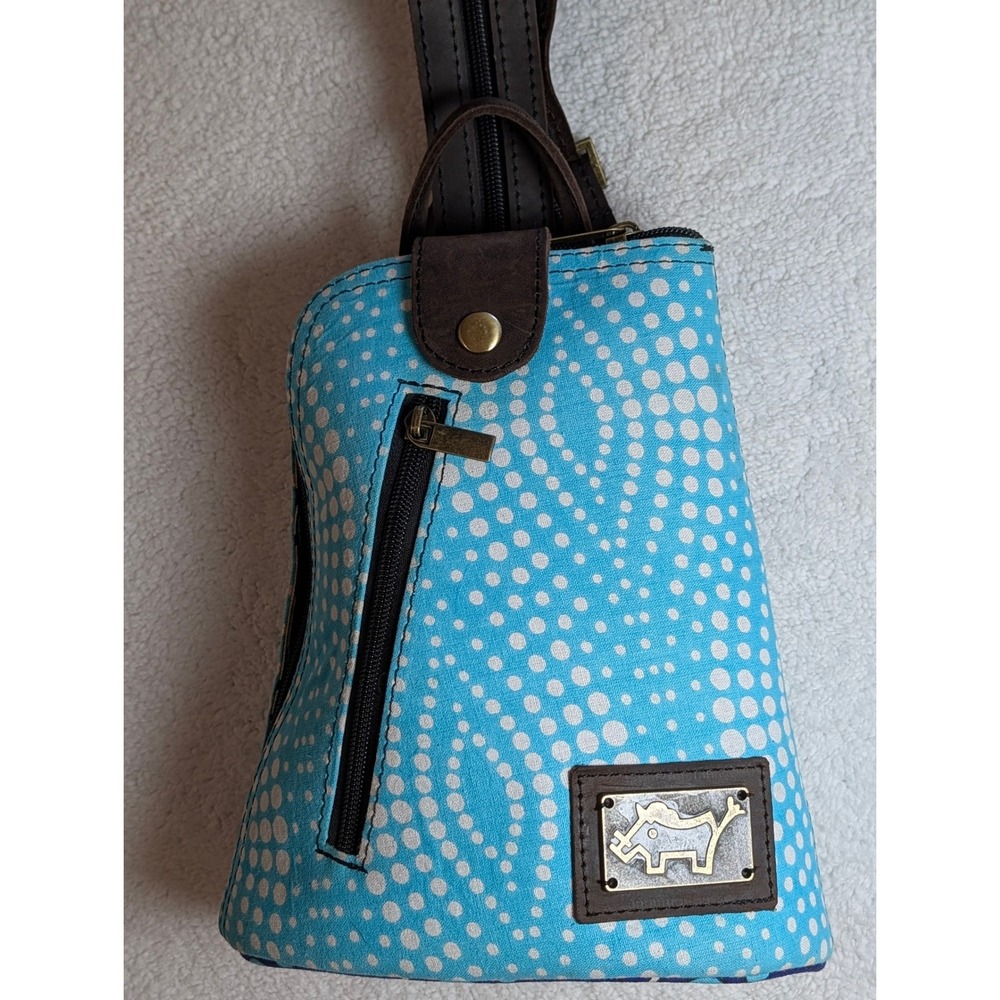 Turquoise Polka Dot Canvas Sling Backpack Brown Leather Trim Convertible Strap